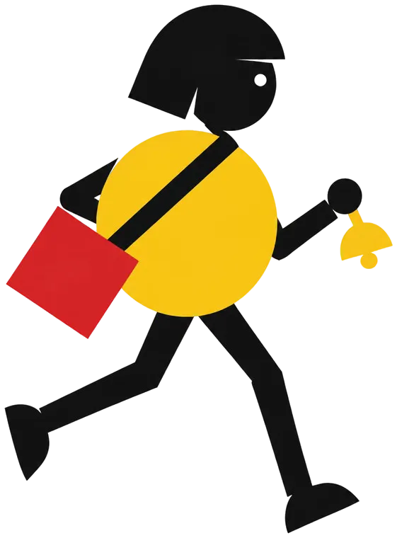 Mina: figur lingkaran kuning berambut bob hitam, berlari dengan tas kurir merah dan bel kecil di tangan.