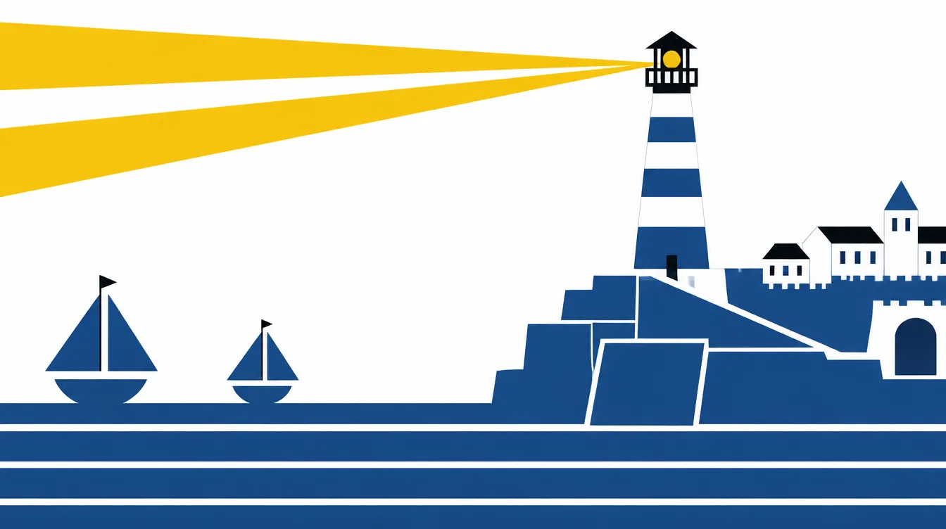 Lantern Point: mercusuar bergaris biru putih di tebing bertingkat, dua sinar kuning menyapu langit, kapal layar segitiga di laut bergaris biru.