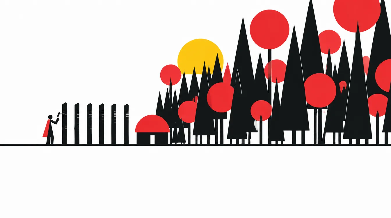 Elder Wood: hutan segitiga hitam dan pohon bulat merah, tujuh tiang bertoreh di lapangan, pondok setengah lingkaran merah, matahari merah rendah.