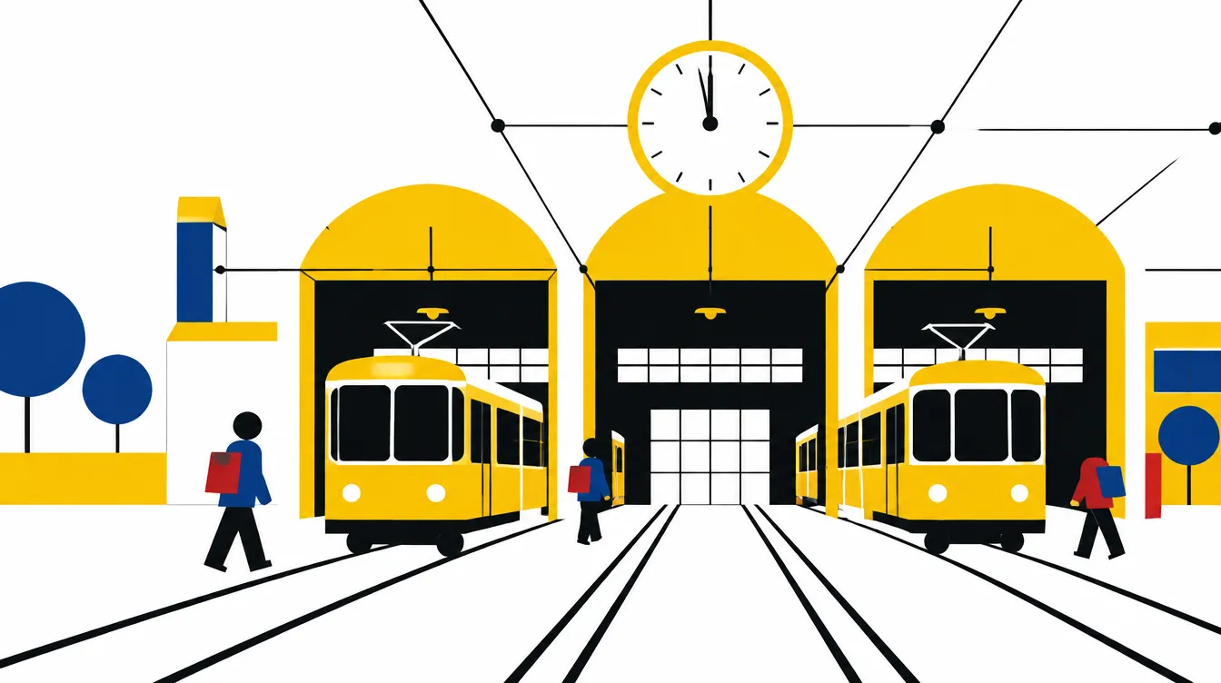 Depo Hallam Line: tiga pintu lengkung kuning, dua trem kuning di rel yang bertemu di tengah, kabel trem, jam bulat menjelang pukul 12.