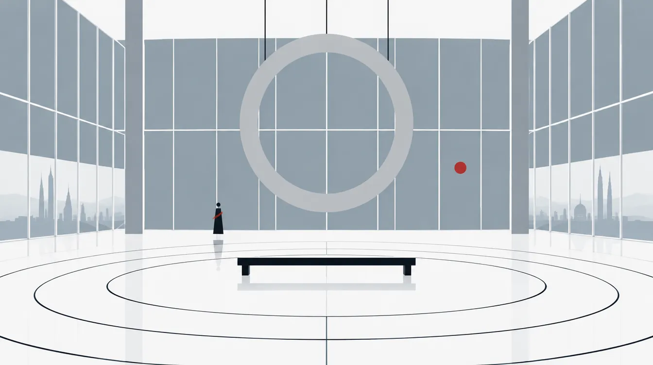 Bell House: aula kaca abu dengan panel tinggi, cincin besar menggantung di tengah, bangku hitam panjang, satu titik merah di dinding.