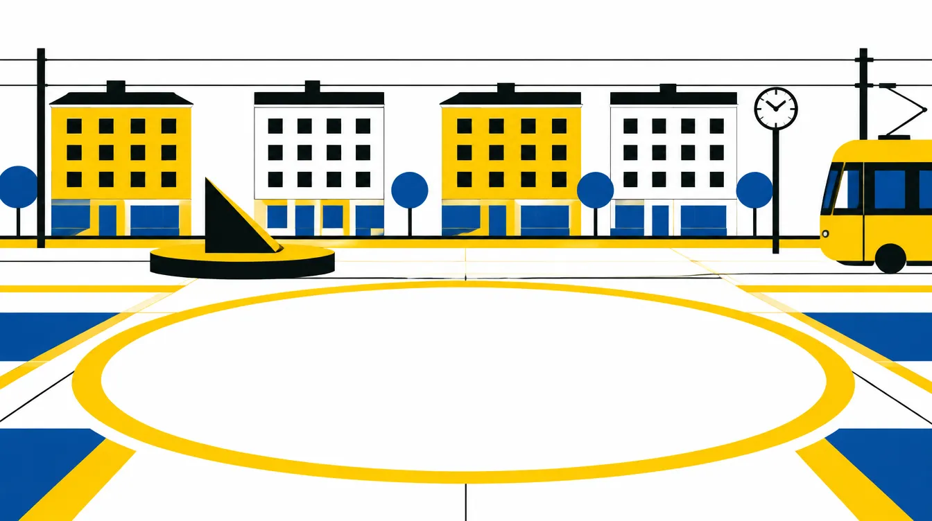 Meridian Square hari ini: blok apartemen kuning dan putih, kabel trem, trem kuning di kanan, jam matahari perunggu.